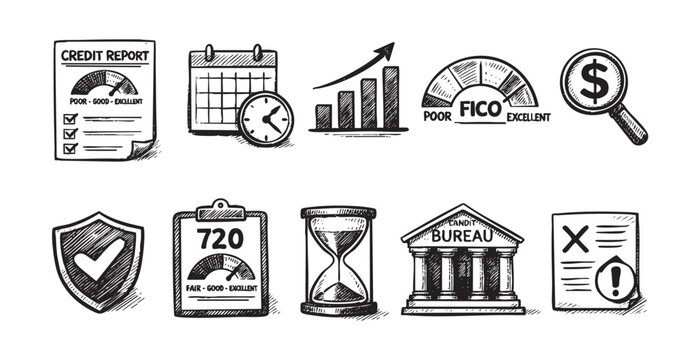 Hand-drawn style illustration features credit report, FICO score, bank building, dollar sign, calendar, and other finance related icons. Can be used in blogs and infographics.