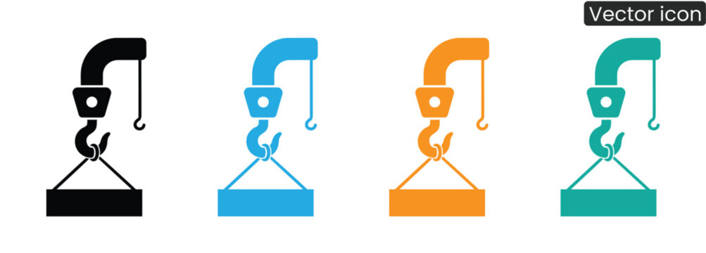 Vibrant crane hook icons in four colors for industrial projects