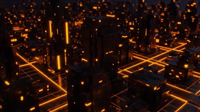 Futuristic city with dark, angular buildings, illuminated by glowing orange lines and accents