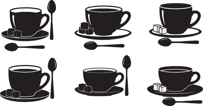 Black Solid Coffee Cup with Sugar Cubes and Spoons Silhouettes Set of Six on White Background
