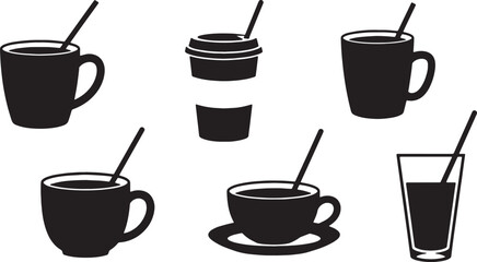 Obraz premium Black Solid Coffee Cup with Stirring Sticks Silhouettes Set of Six on White Background