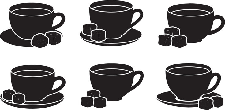 Black Solid Coffee Cup with Sugar Lumps Silhouettes Set of Six on White Background