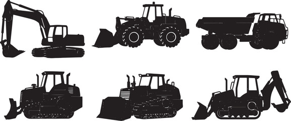 Black Solid Various Construction Vehicle Silhouettes Set of Six on White Background