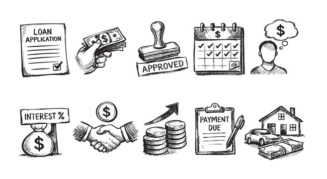 Hand-drawn style vector illustration about loan application and financial concepts. Depicts money, payments, real estate, interest, and investments. Ideal for finance, business, or economy themes.