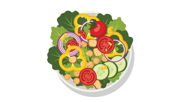 Colorful fresh vegetable salad in bowl with crisp lettuce, vibrant tomato, yellow pepper, red onion, cucumber, chickpeas, crunchy croutons A healthy