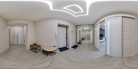360 hdri panorama in corridor in interior of entrance hall of modern apartments in equrectangular projection