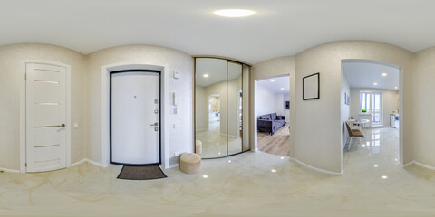 360 hdri panorama in corridor in interior of entrance hall of modern apartments in equrectangular projection