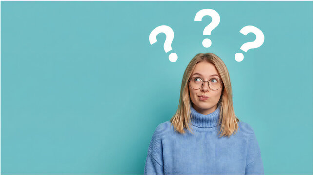 Young woman with question marks above her head, looking puzzled and uncertain.