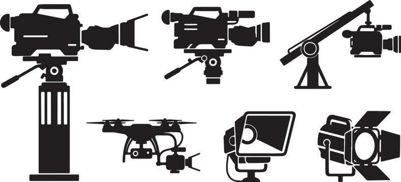 Black Solid Professional Broadcasting Camera Silhouettes Set of Six on White Background