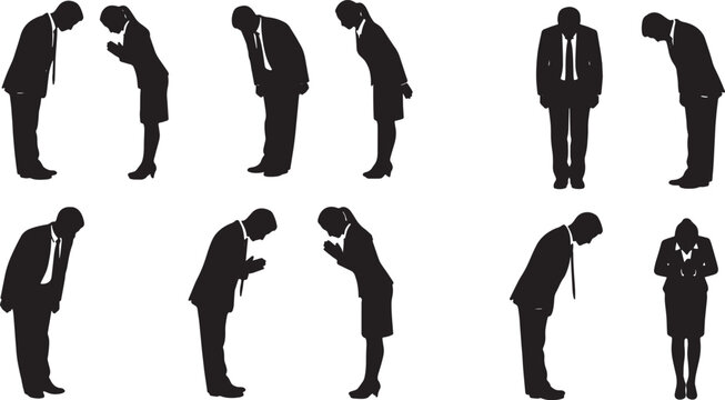 Black Solid Professionals Bowing Respect Silhouettes Set of Six on White Background