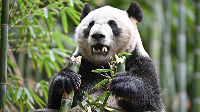 Giant Panda Eating Bamboo in Forest.