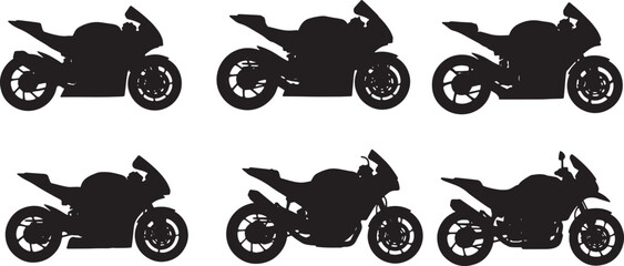 Black Solid Diverse Racing Motorbike Silhouettes Set of Six on White Background © Dreamfly