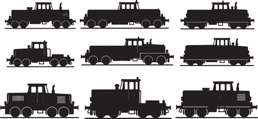Fototapeta premium Black Solid Railway Shunt Truck Silhouettes Set of Six on White Background