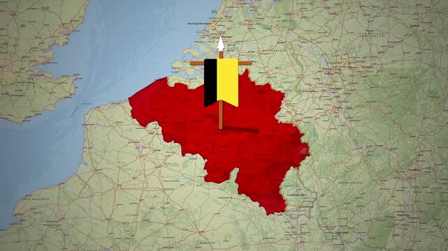 Belgium Country Map Animation Highlighting Territory with National Flag Marker