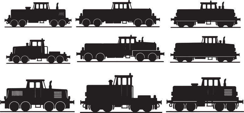 Black Solid Railway Shunt Truck Silhouettes Set of Six on White Background