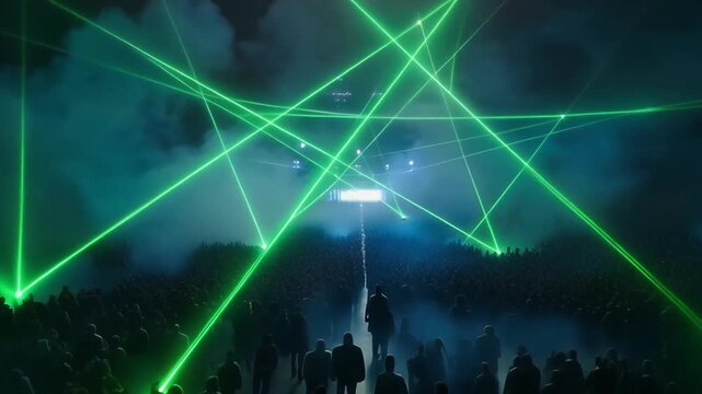 The Green Laser Web. Shot from a high angle (drone view). A massive web of bright green laser beams is cutting through the thick blue haze and smoke above the massive crowd (dark silhouettes).
