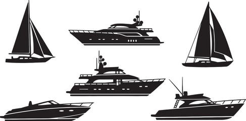 Black Solid Diverse Recreational Watercraft Silhouettes Set of Six on White Background © Dreamfly