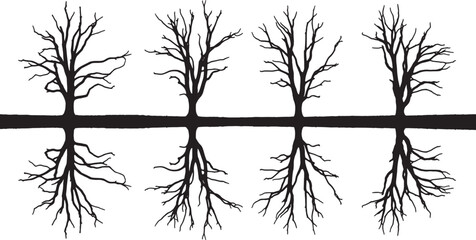Obraz premium Black Solid Reflected Dead Tree Silhouettes Set of Six on White Background