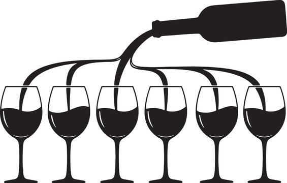 Black Solid Refilling Wine Glasses Silhouettes Set of Six on White Background