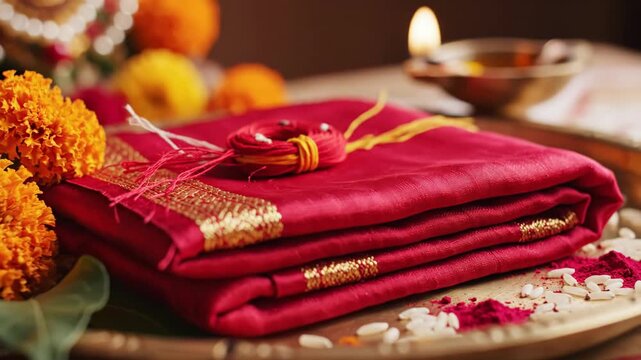 Elegant decorative setup for Diwali with rich red cloth, vibrant marigold flowers, and glowing candles on festive table. Diwali celebration includes traditional elements for joy and spirituality.