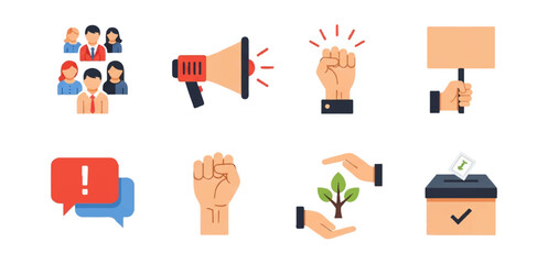 Social justice icons demonstrating protest and advocacy symbols on black