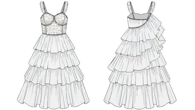 Elegant tiered ruffle dress technical drawing. Front and back views of a sophisticated design with a structured bodice and cascading ruffles, ideal