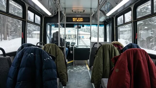 Bus interior with coats hanging on seats, snow outside the windows, and next stop: ski resort displayed, conveying winter travel and transportation to a snowy destination