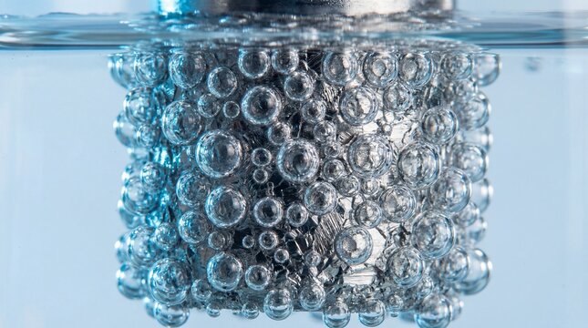 Microscopic view of hydrogen gas bubbles forming on platinum electrode during water electrolysis process, scientific laboratory 4k footage, green hydrogen innovation