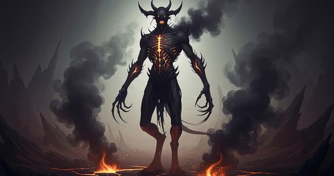 Abstract figure illustration with fiery glow and dark smoke