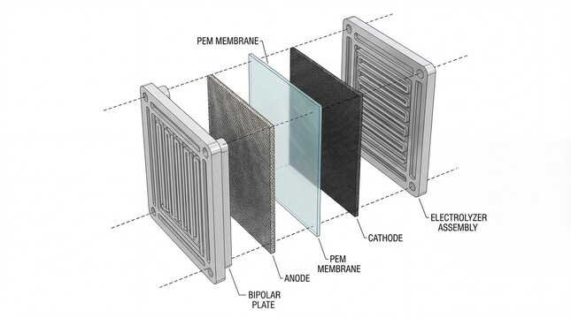 Technical 3D exploded view of PEM electrolyzer cell showing membrane, anode and cathode layers, green hydrogen production diagram, minimalist white background, 8k