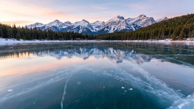 Winter landscape showing clear ice on a frozen lake with cracks and encapsulated bubbles, reflecting snow-capped rocky mountains under a soft morning or evening sky