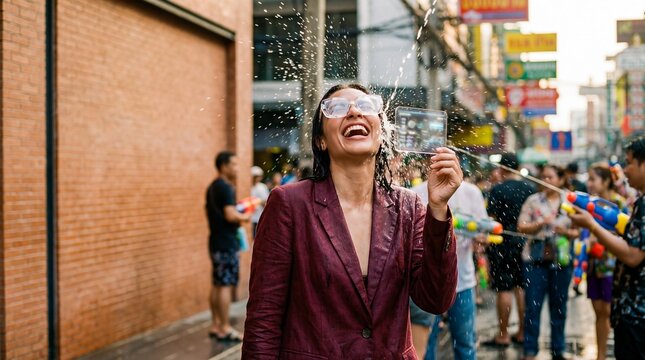 Diverse professional celebrates Songkran with holographic interface and waterproof fashion. Visualize future work lifestyles using spatial computing during Thai festivals.