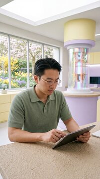 Engineer in gold glasses works in pastel high-tech quantum laboratory. Contrast high-tech iridescent cores with tactile recycled paper textures.