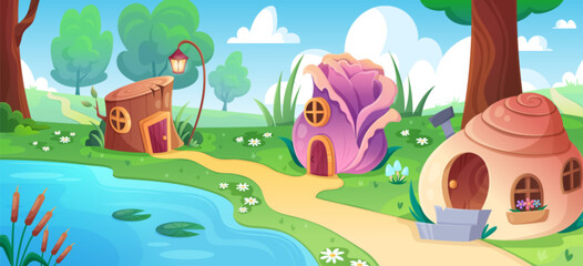 Naklejka premium Magical forest houses on peaceful lake shore with fairy tale charm. Cute mushroom cottage, elf garden and woodland gnome scene. Fantasy vector illustration for children storybook backgrounds.