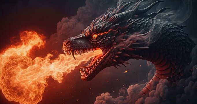 Fantasy dragon fire breath illustration dramatic render
