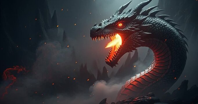 Fantasy dragon breathing fire against dramatic dark background