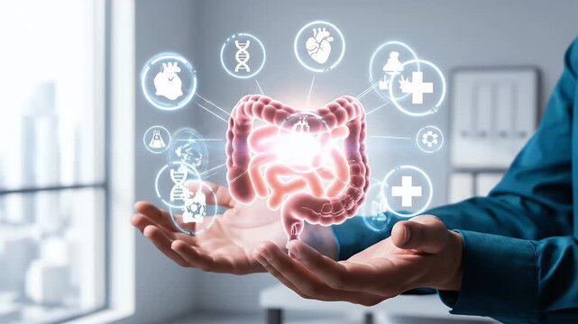 Male Hands Presenting Intestine with Medical Icons and Turquoise Shirt in an Office Environment Highlighting Digestive