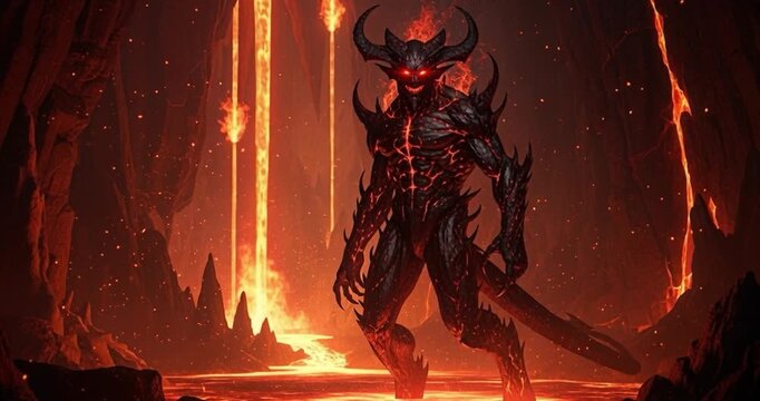 Fiery demon character standing in volcanic landscape illustration