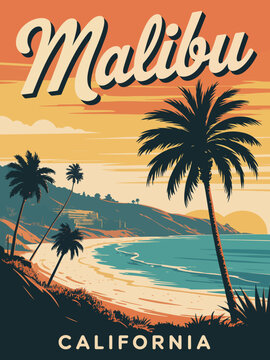 California poster, Malibu beach landscape with cream stylized text and white coast view
