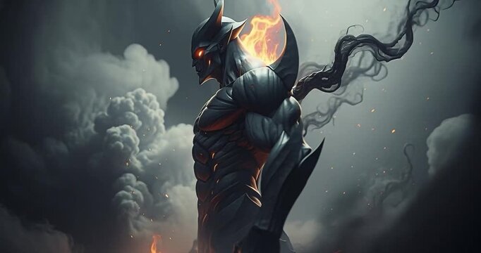 Fiery demon figure illuminated against dramatic cloudy background