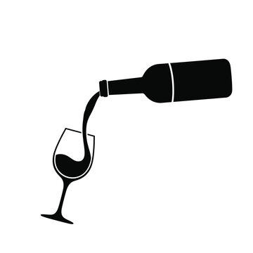 Pouring wine from bottle into glass, dynamic scene of serving alcohol, vector illustration for drinks and celebrations
