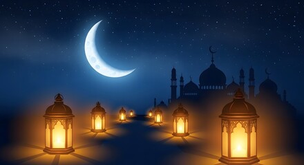 Fototapeta premium A serene nighttime scene featuring a crescent moon, lanterns, and a mosque silhouette in the distance, viewed from a low angle.
