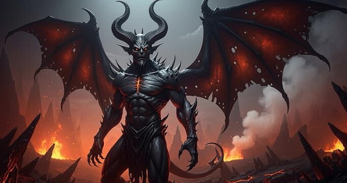 Fiery demon figure with horns and wings in a dark dramatic landscape