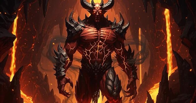Fiery demon figure in volcanic environment conceptual digital art