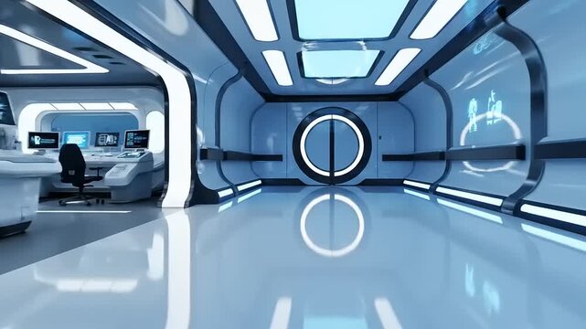 Futuristic Corridor with Robot and Neon Lights.
