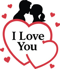 A silhouette of a couple kissing is perched atop two overlapping red heart outlines.