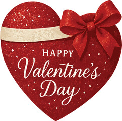 A large, textured red heart with a white ribbon wrapped around the top half and tied in a red satin bow on the right side.