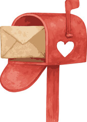 A watercolor illustration of a red mailbox with a white heart on the front. A tan envelope is sticking out of the mailbox slot.
