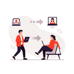 Business people working on laptops with graphs in a modern office illustration