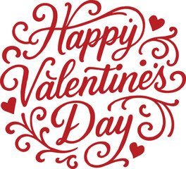 A decorative Happy Valentine's Day text with elegant calligraphy, surrounded by swirling red decorative elements and small red hearts